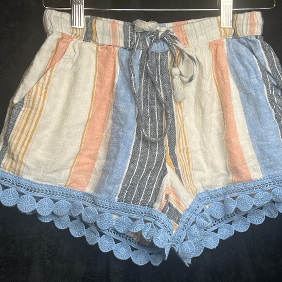 Aerie XS Striped Drawstring Shorts with Blue Crochet Hem - Picture 1 of 3